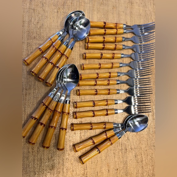 Bamboo flatware, set of 11 spoons and 11 forks. Faux bamboo is dishwasher safe - Picture 2 of 2